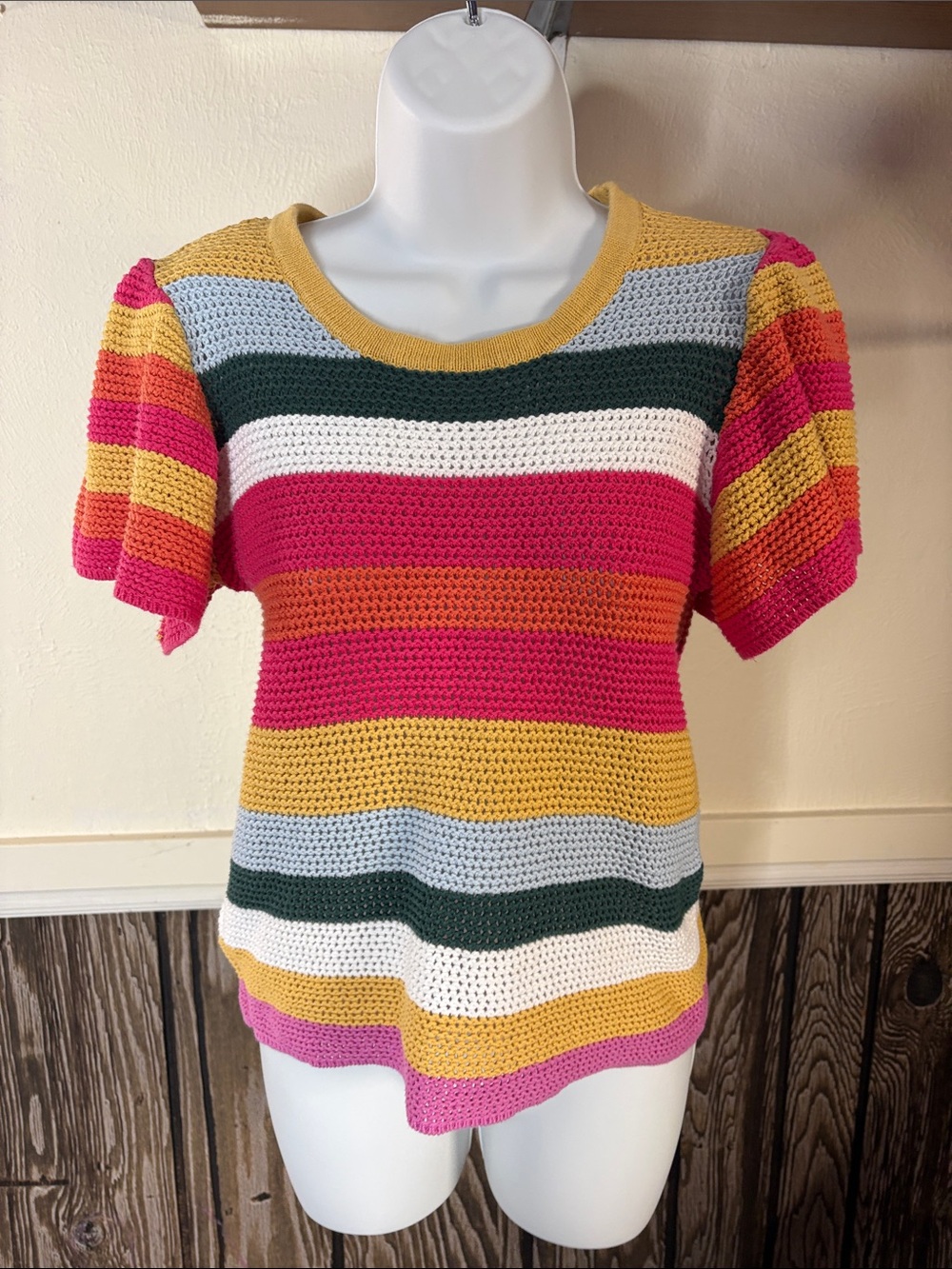 Evereve Pink, Yellow, Green & White Striped Crochet Short Sleeve Tee